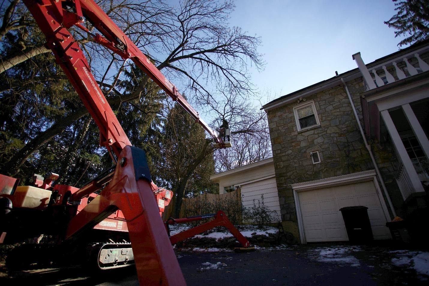 A crane positioned for tree pruning.